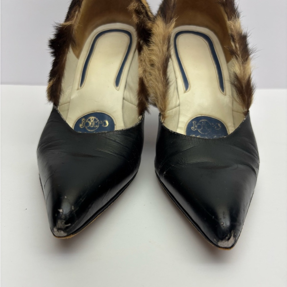 Black Leather Pumps with Leopard Fur Trim, SZ 8, box 29 - Picture 3 of 12